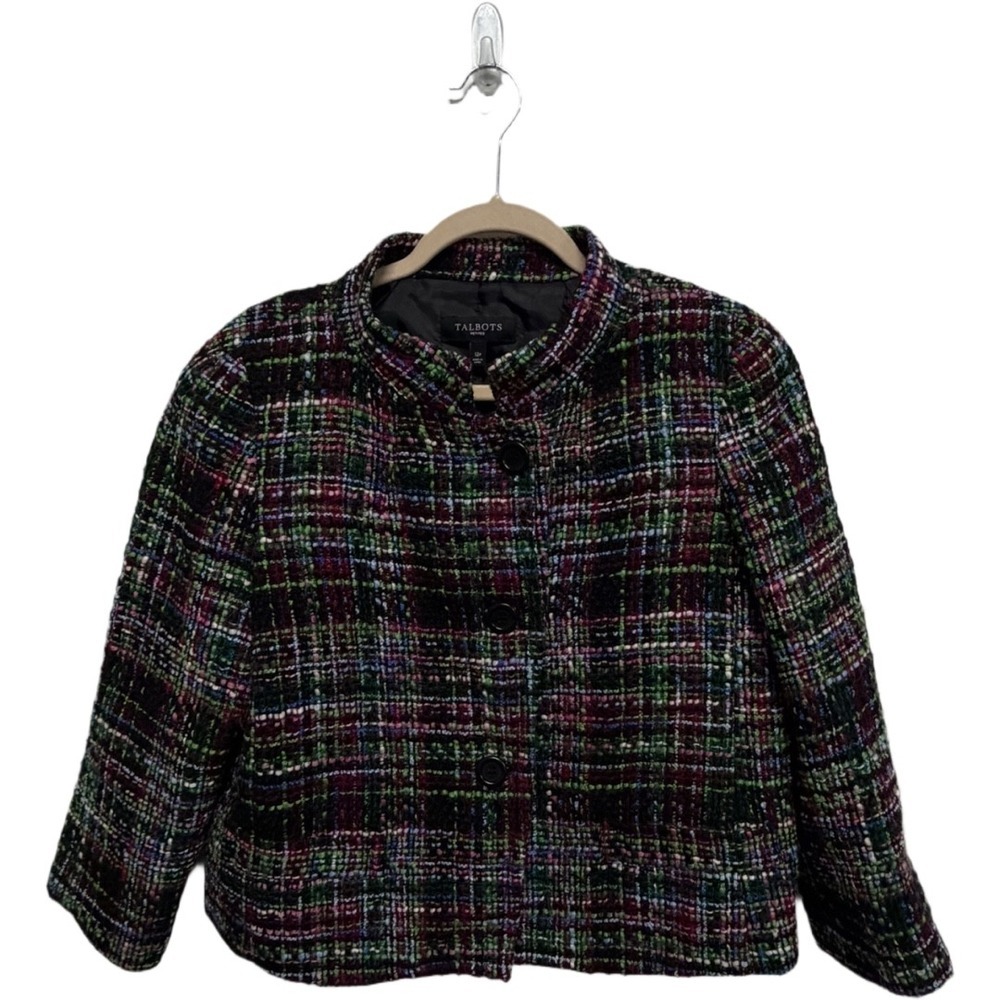 Talbots Petites 12P Wool Blend Tweed Jacket Plaid Boucle Cropped Career Blazer